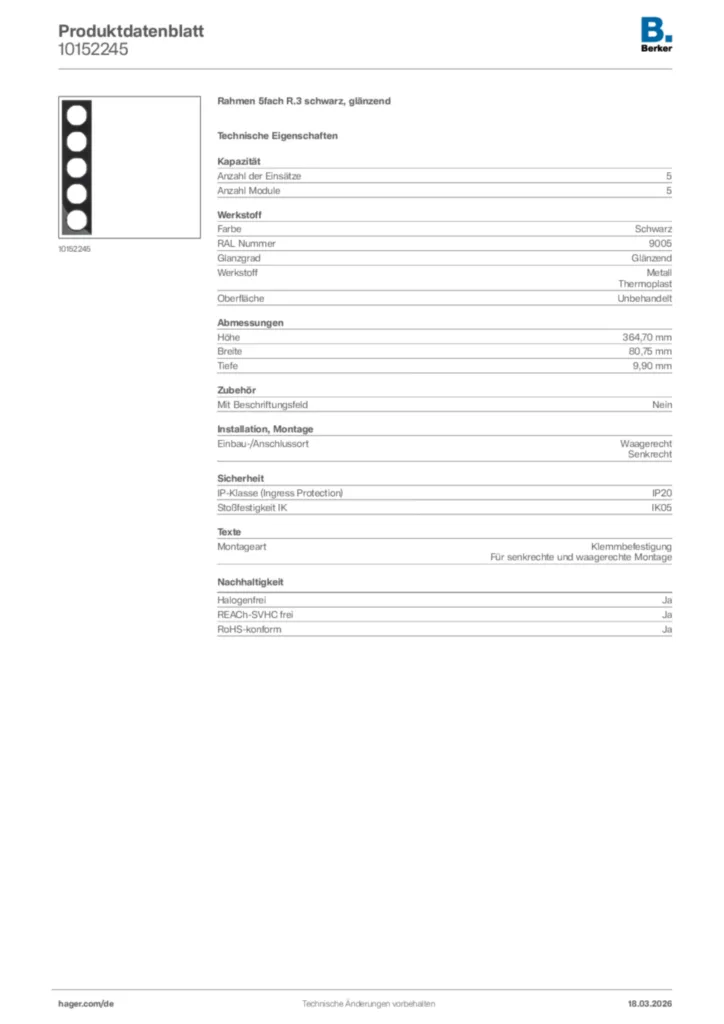 Bild Berker Produktdatenblatt 10152245 | Hager Deutschland