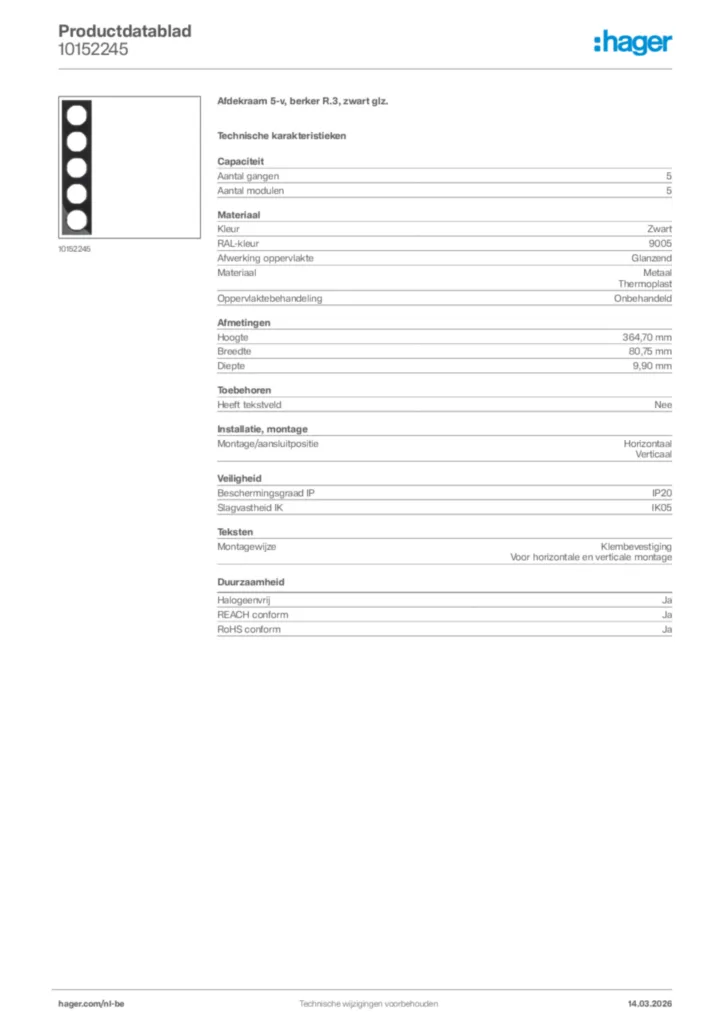 Afbeelding Hager Productdatablad 10152245 | Hager Belgium