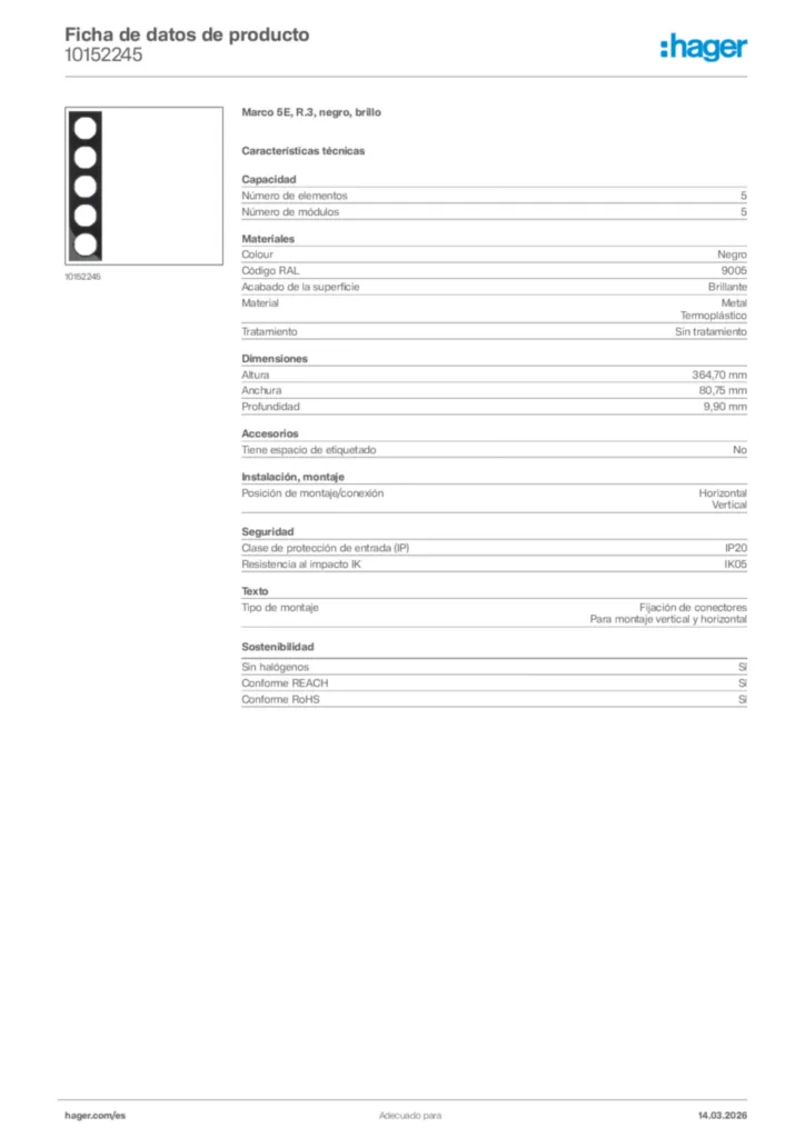 Imagen Hager Ficha de datos de producto 10152245 | Hager España