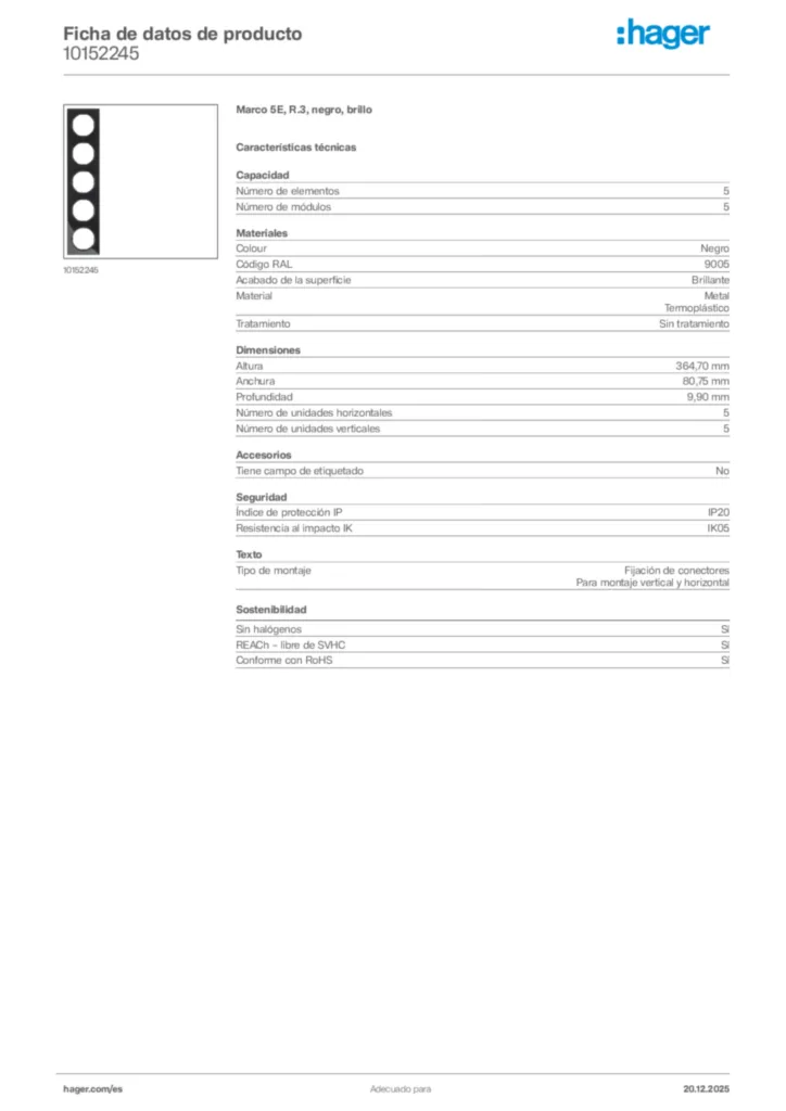 Imagen Hager Ficha de datos de producto 10152245 | Hager España