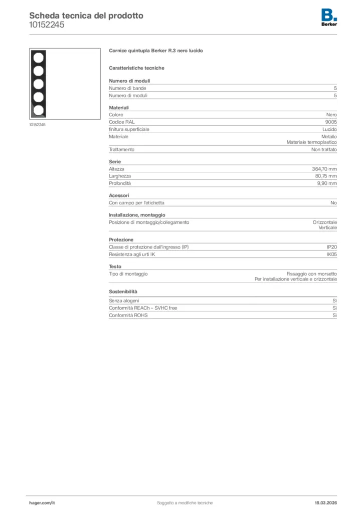 Immagine Berker Scheda tecnica del prodotto 10152245 | Hager Italia