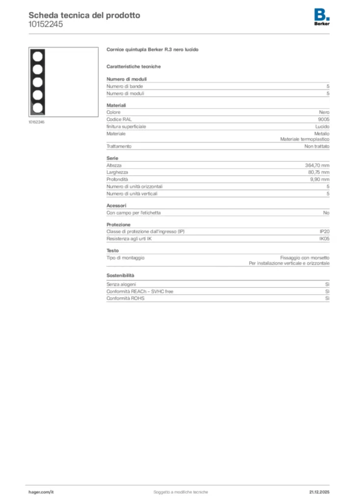 Immagine Berker Scheda tecnica del prodotto 10152245 | Hager Italia