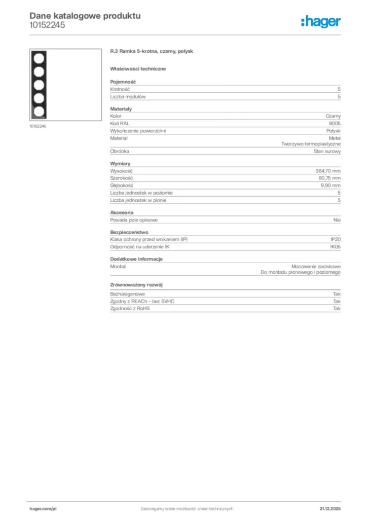 Zdjęcie Hager Dane katalogowe produktu 10152245 | Hager Polska
