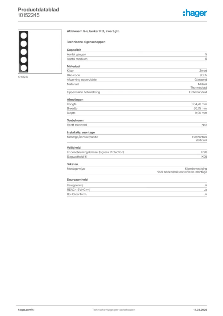 Afbeelding Hager Productdatablad 10152245 | Hager Nederland