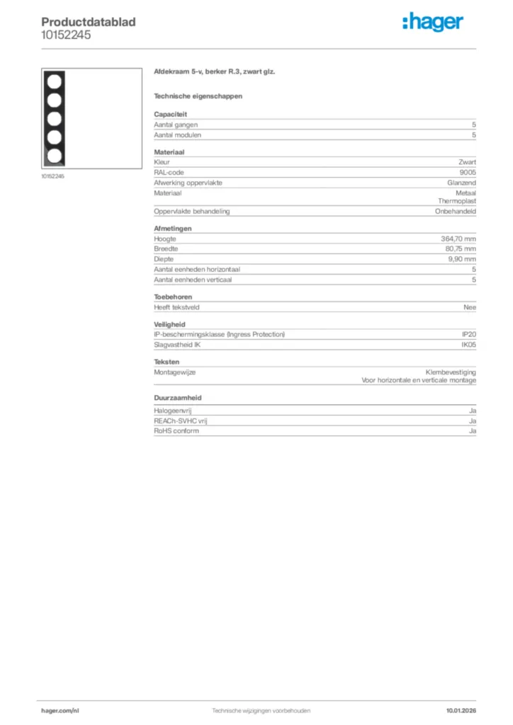 Afbeelding Hager Productdatablad 10152245 | Hager Nederland
