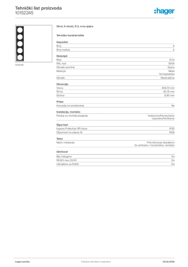 Slika Hager Tehnički list proizvoda 10152245  | Hager