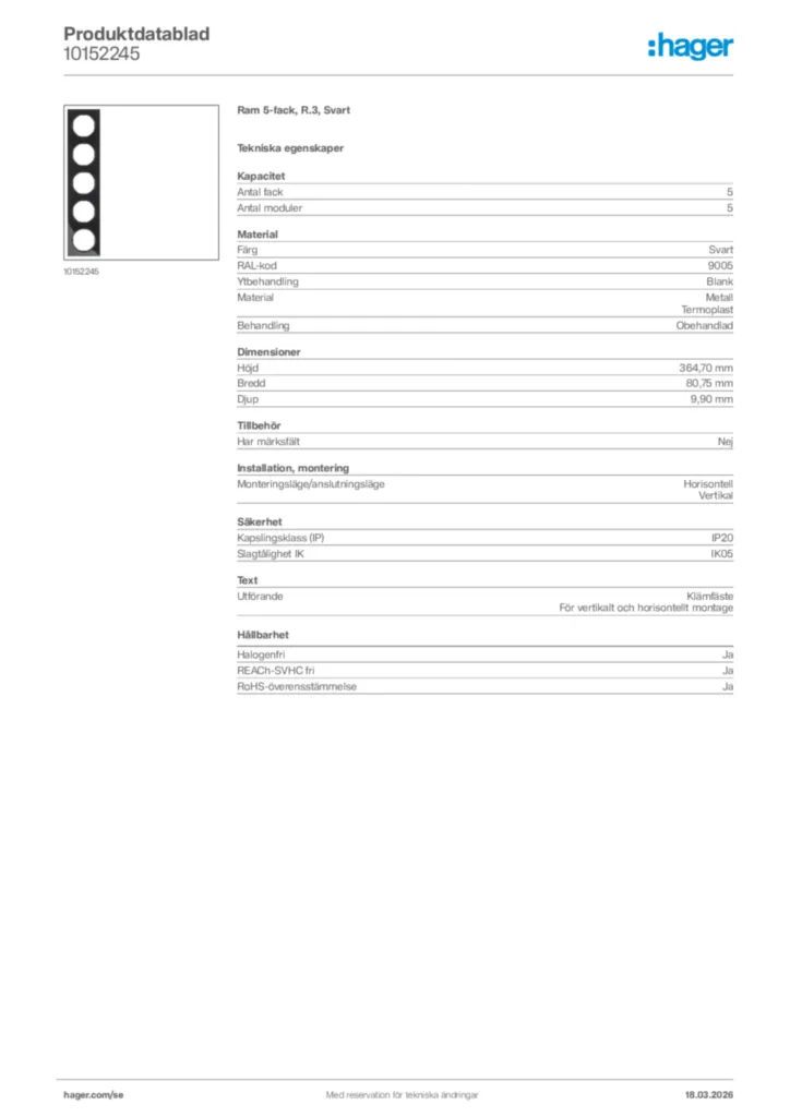 Bild Hager Produktdatablad 10152245 | Hager Sverige