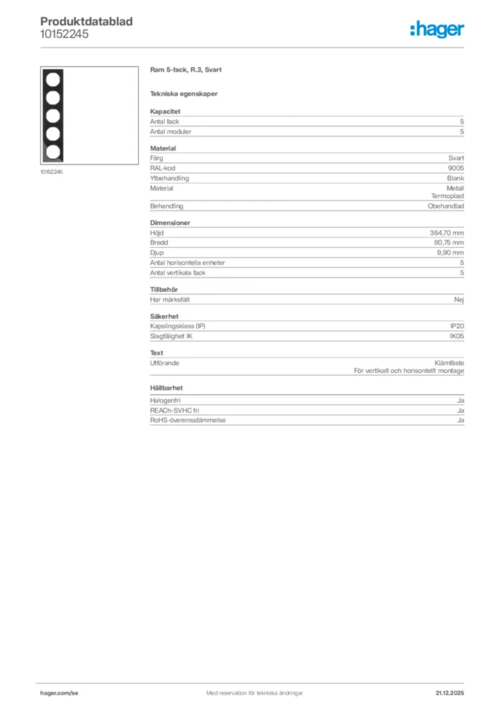 Bild Hager Produktdatablad 10152245 | Hager Sverige