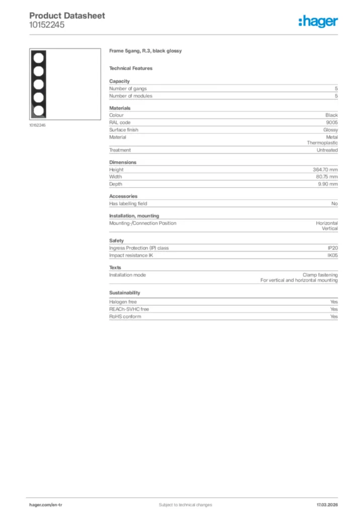 Image Hager Product data sheet 10152245  | Hager