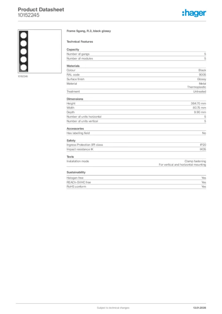 Image Hager Product data sheet 10152245  | Hager