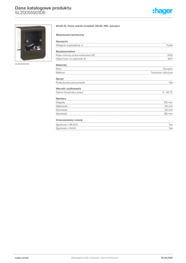 Zdjęcie Hager Dane katalogowe produktu SL20055901D6 | Hager Polska