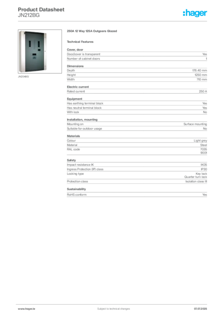 Image Hager Product data sheet JN212BG  | Hager
