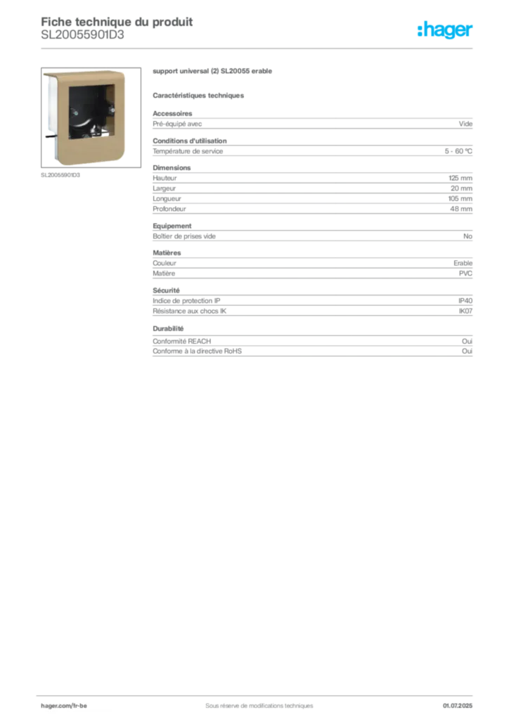 Image Hager Fiche technique du produit SL20055901D3 | Hager Belgique