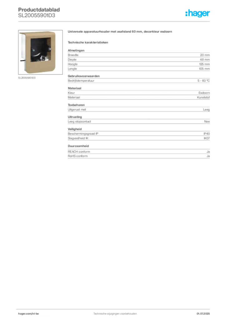 Afbeelding Hager Productdatablad SL20055901D3 | Hager Belgium