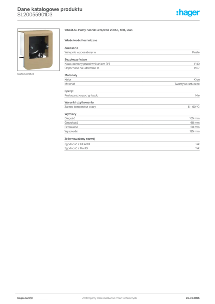 Zdjęcie Hager Dane katalogowe produktu SL20055901D3 | Hager Polska