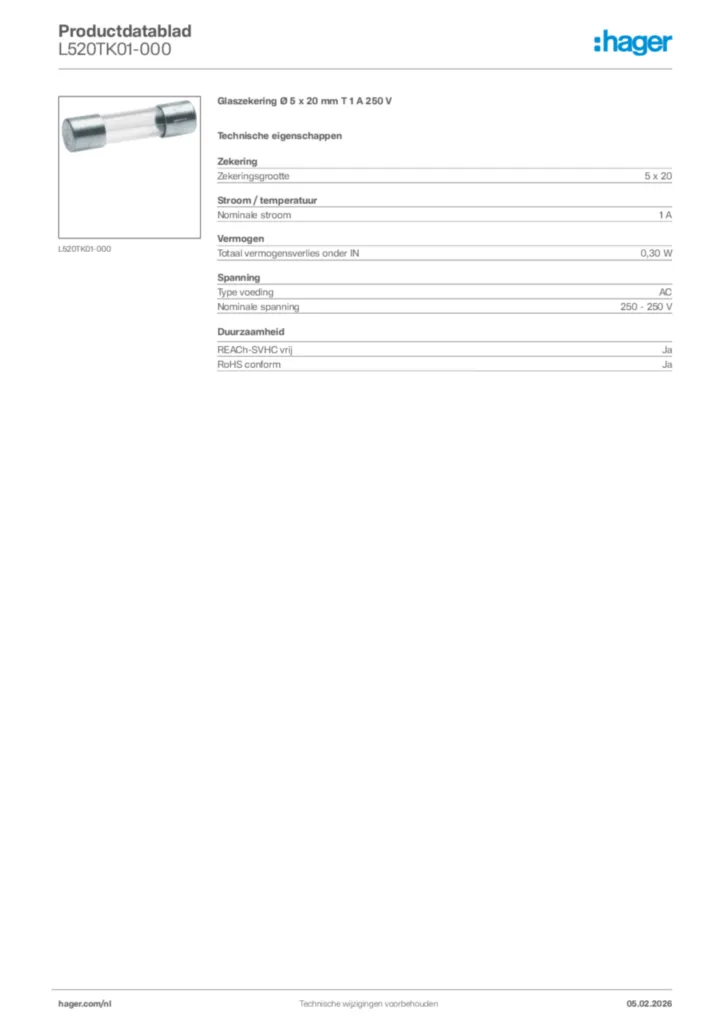 Afbeelding Hager Productdatablad L520TK01-000 | Hager Nederland
