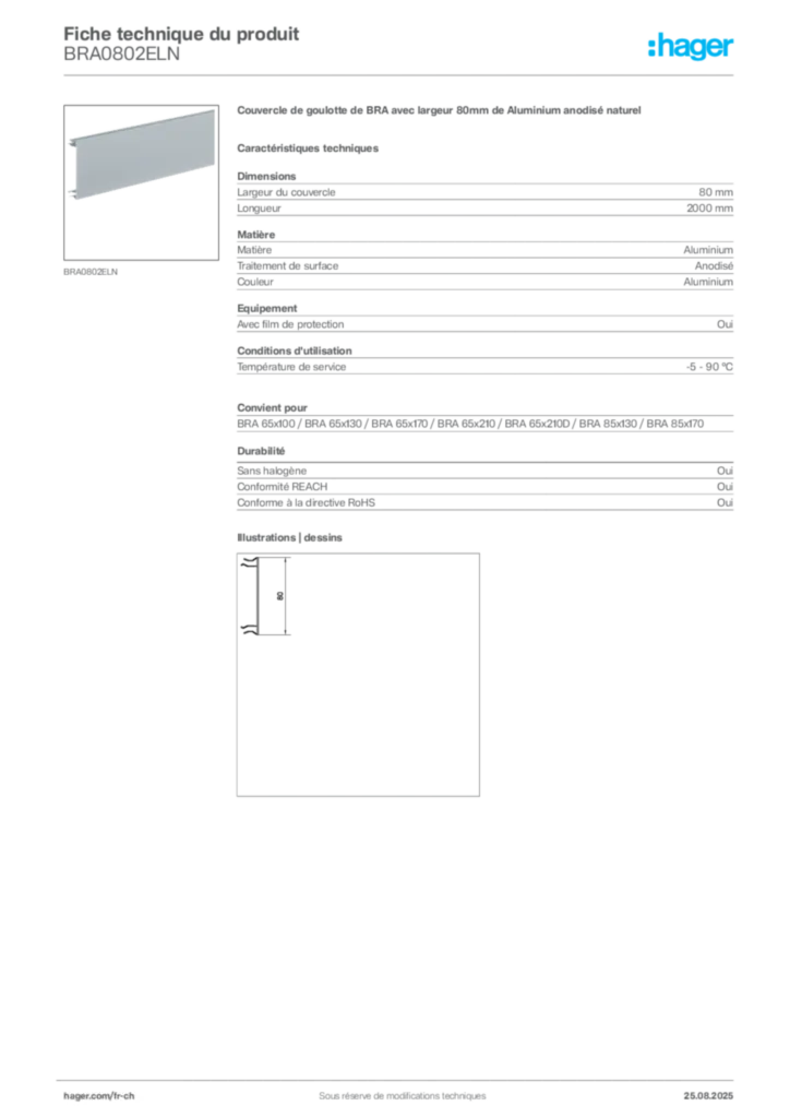 Image Hager Fiche technique du produit BRA0802ELN | Hager Suisse