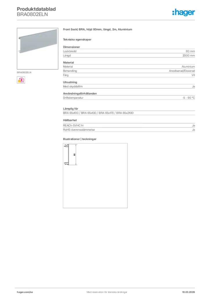 Bild Hager Produktdatablad BRA0802ELN | Hager Sverige