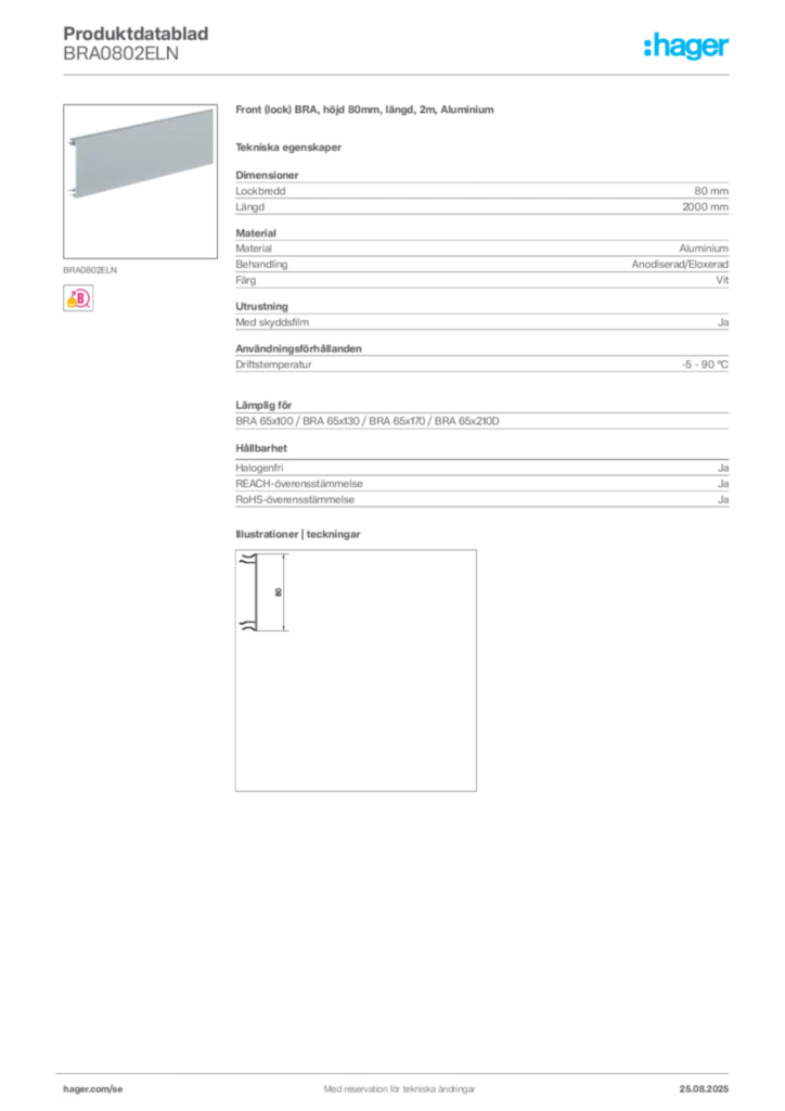 Bild Hager Produktdatablad BRA0802ELN | Hager Sverige