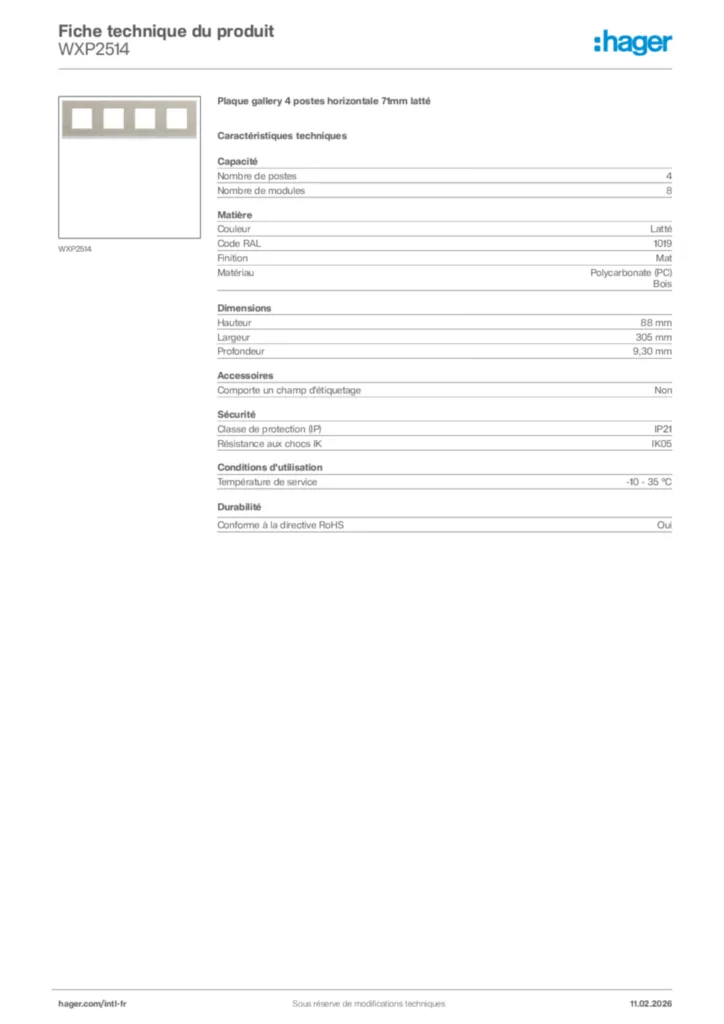 Image Hager Fiche technique du produit WXP2514 | Hager Afrique