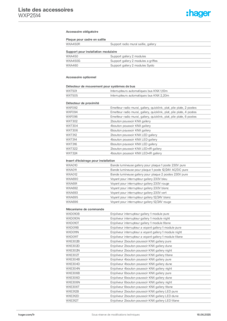 Image Hager Fiche technique du produit WXP2514 | Hager France