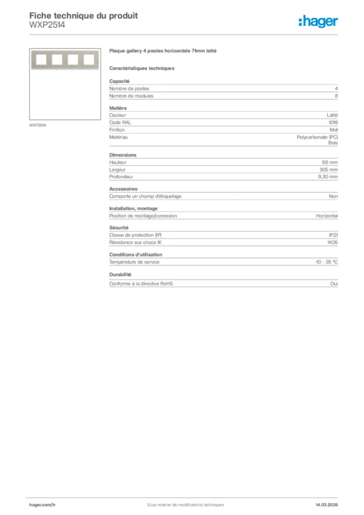 Image Hager Fiche technique du produit WXP2514 | Hager France