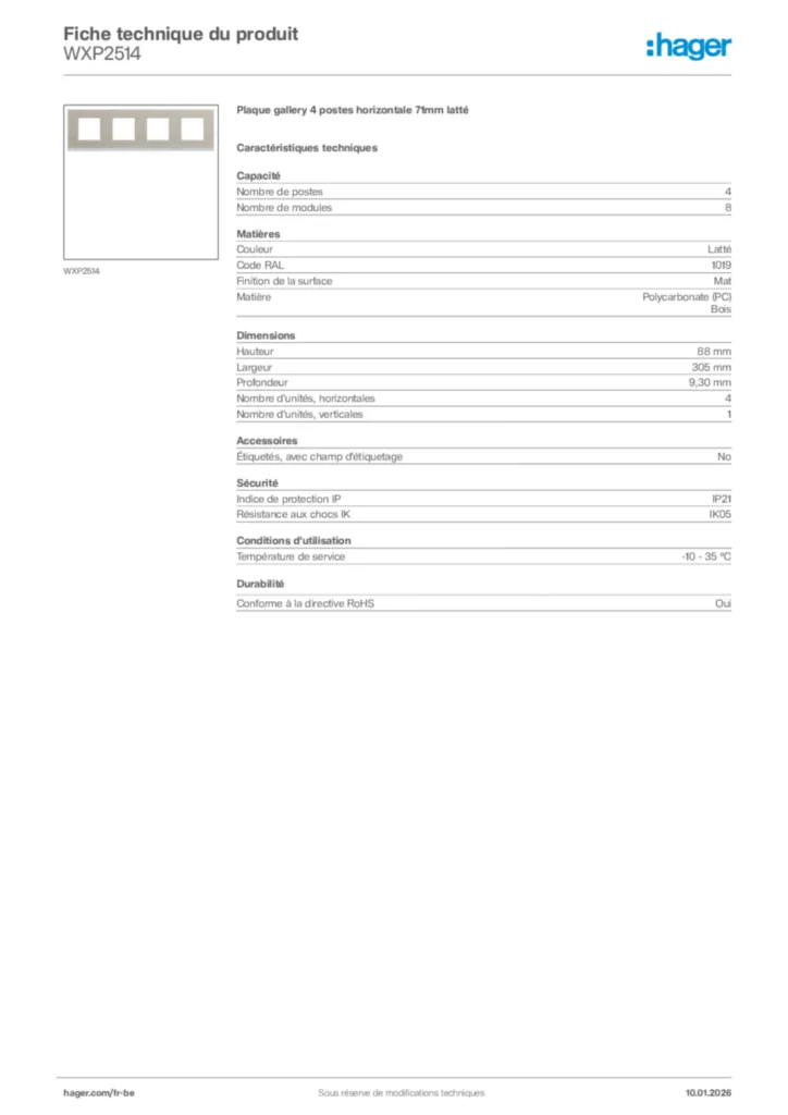 Image Hager Fiche technique du produit WXP2514 | Hager Belgique