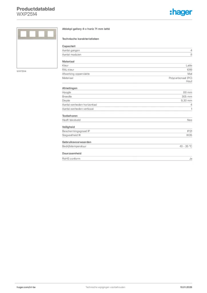 Afbeelding Hager Productdatablad WXP2514 | Hager Belgium