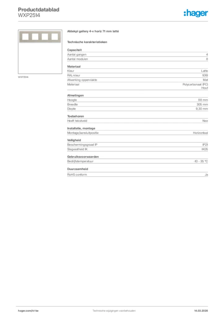 Afbeelding Hager Productdatablad WXP2514 | Hager Belgium