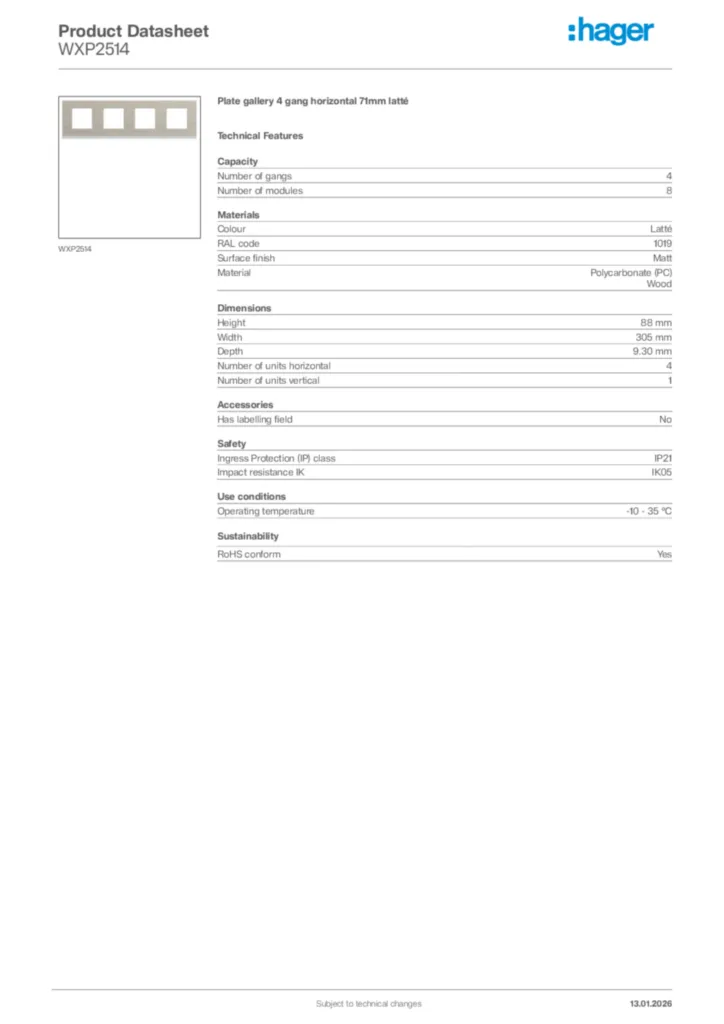 Image Hager Product data sheet WXP2514  | Hager