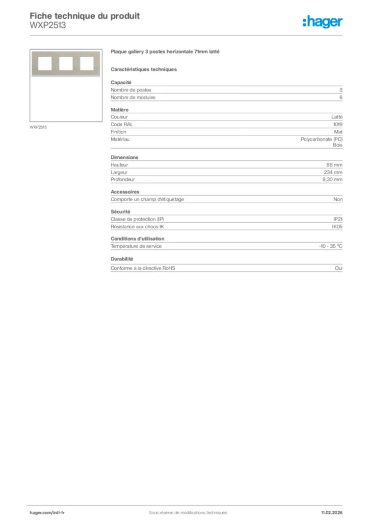 Image Hager Fiche technique du produit WXP2513 | Hager Afrique