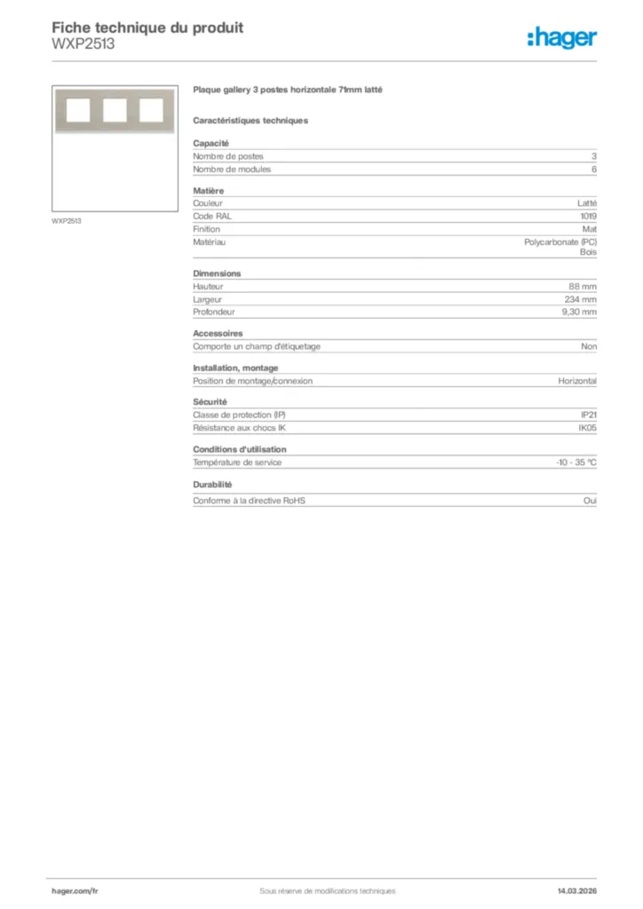Image Hager Fiche technique du produit WXP2513 | Hager France