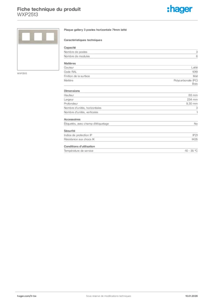Image Hager Fiche technique du produit WXP2513 | Hager Belgique