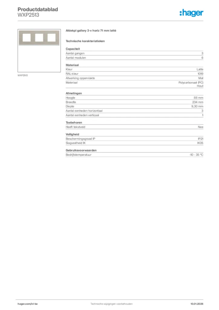 Afbeelding Hager Productdatablad WXP2513 | Hager Belgium