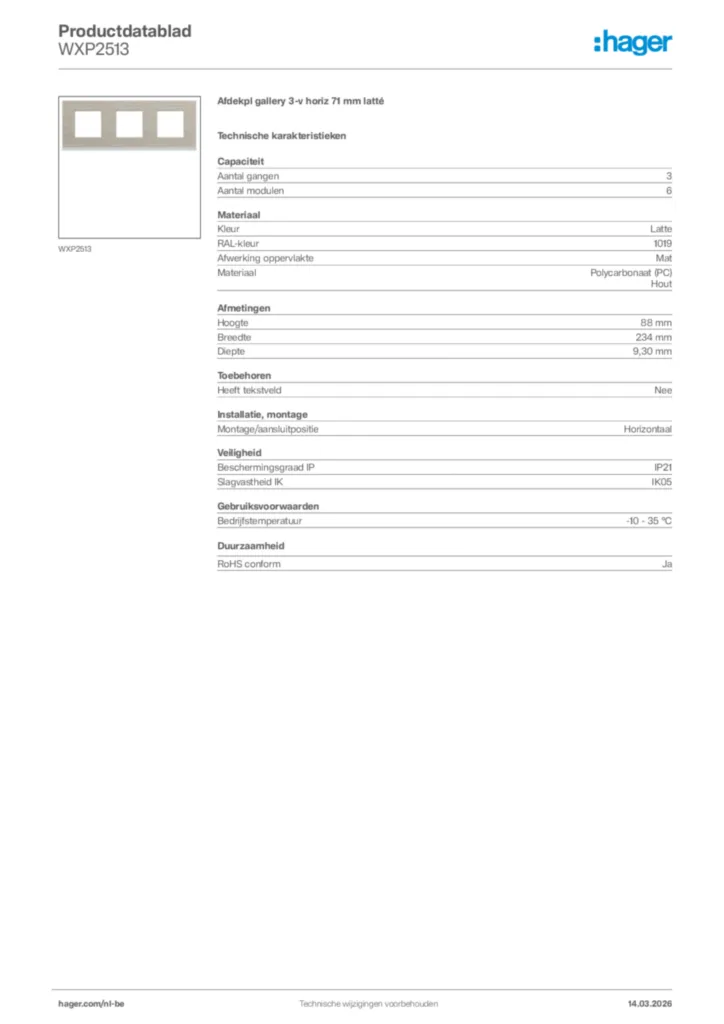 Afbeelding Hager Productdatablad WXP2513 | Hager Belgium