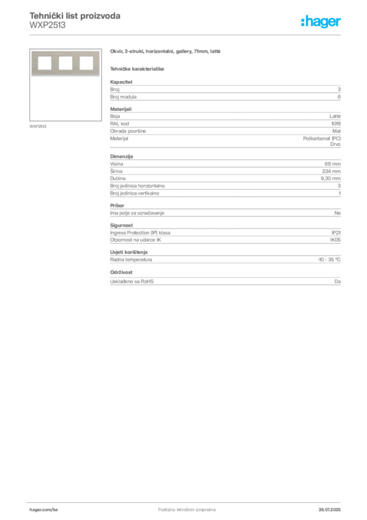 Slika Hager Product data sheet WXP2513  | Hager