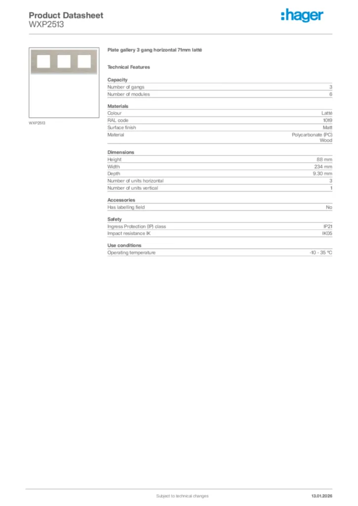 Image Hager Product data sheet WXP2513  | Hager