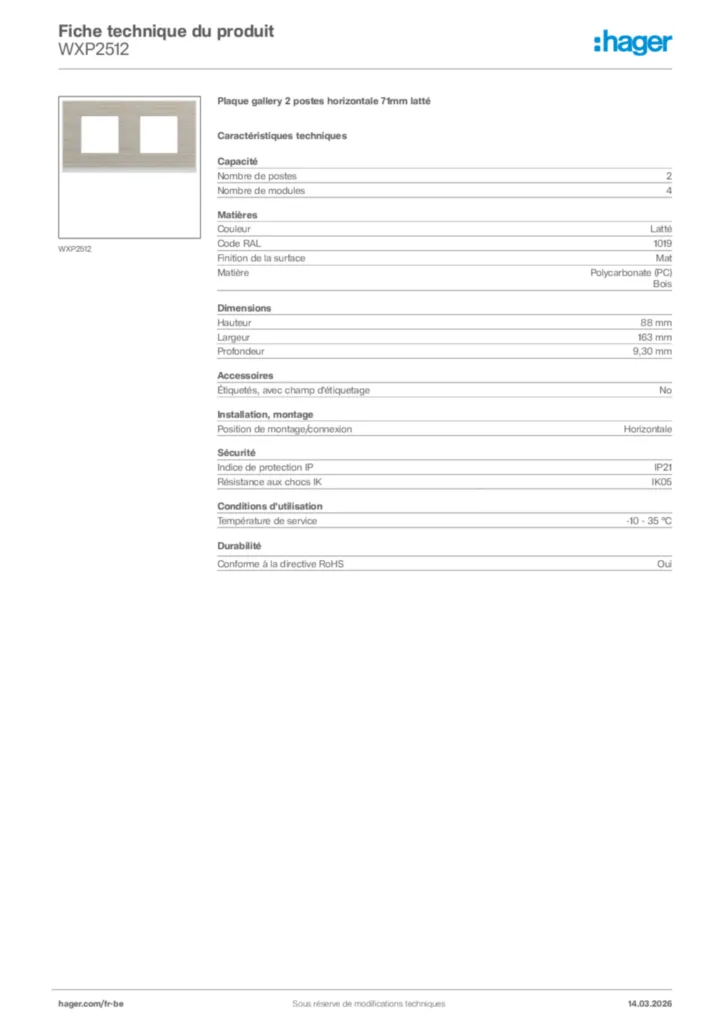 Image Hager Fiche technique du produit WXP2512 | Hager Belgique