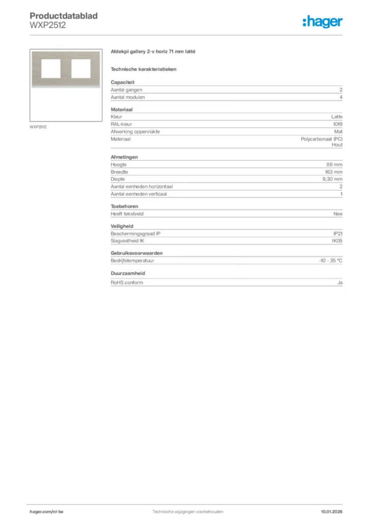 Afbeelding Hager Productdatablad WXP2512 | Hager Belgium