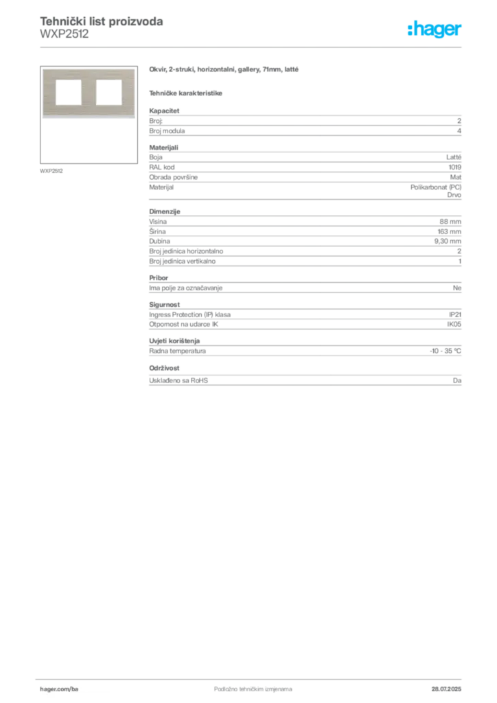 Slika Hager Product data sheet WXP2512  | Hager