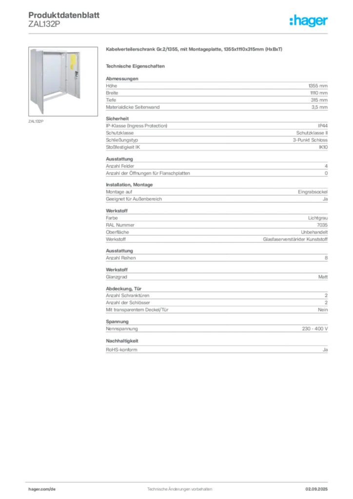Hager Produktdatenblatt ZAL132P