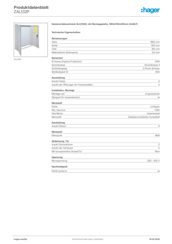 Bild Hager Produktdatenblatt ZAL132P | Hager Deutschland