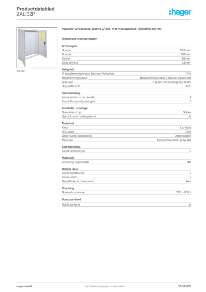 Afbeelding Hager Productdatablad ZAL132P | Hager Nederland