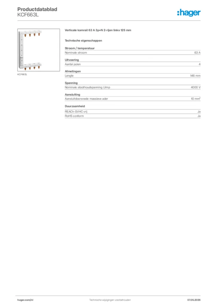 Afbeelding Hager Productdatablad KCF663L | Hager Nederland