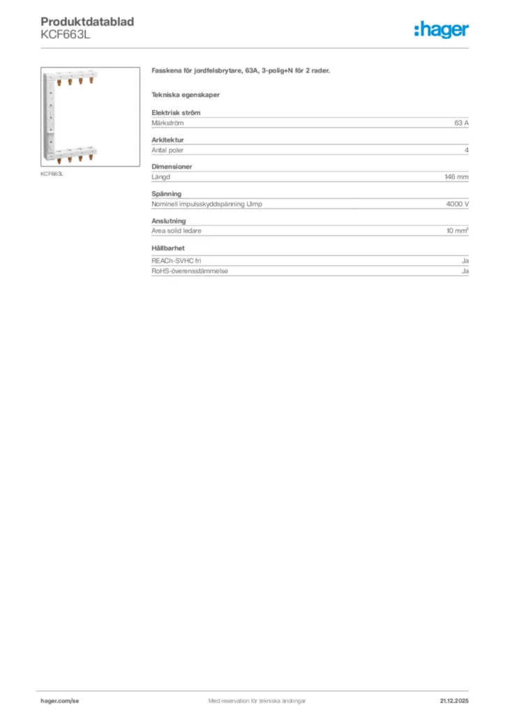 Bild Hager Produktdatablad KCF663L | Hager Sverige