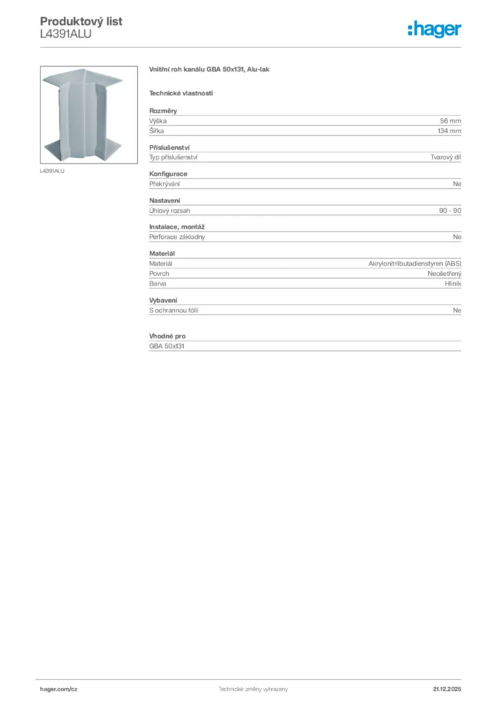 Obrázek Hager Produktový list L4391ALU | Hager