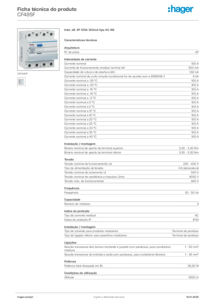 Imagem Hager Ficha técnica do produto CF485F | Hager Portugal