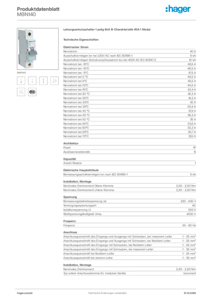 Bild Hager Produktdatenblatt MBN140 | Hager Deutschland