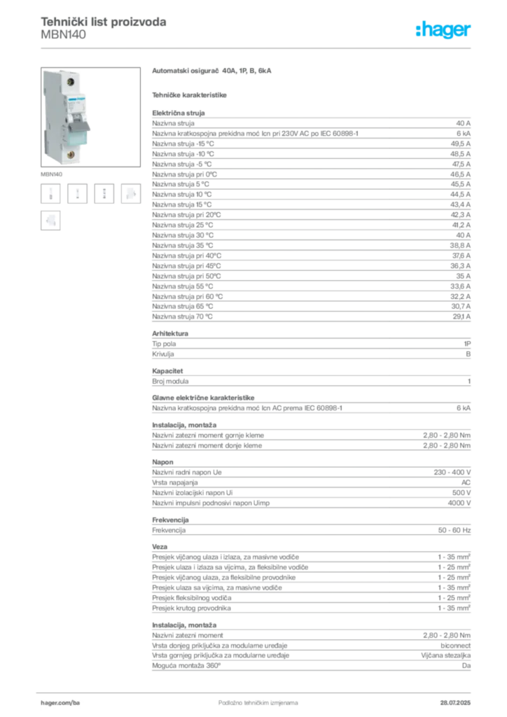 Slika Hager Product data sheet MBN140  | Hager