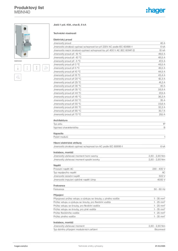 Obrázek Hager Produktový list MBN140 | Hager